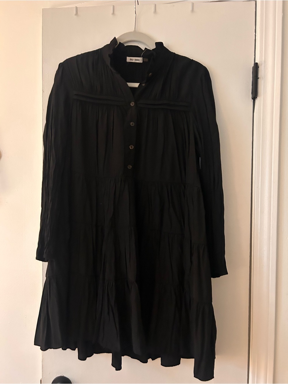 Women's Black Long-Sleeve Tiered Button Dress by day + mood